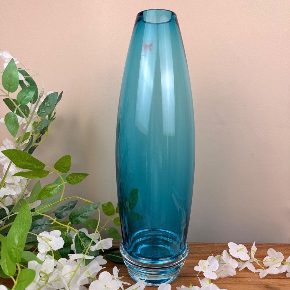 Marquis by Waterford Markham Teal Blue Glass Vase 16 Inch Tapered Centerpiece